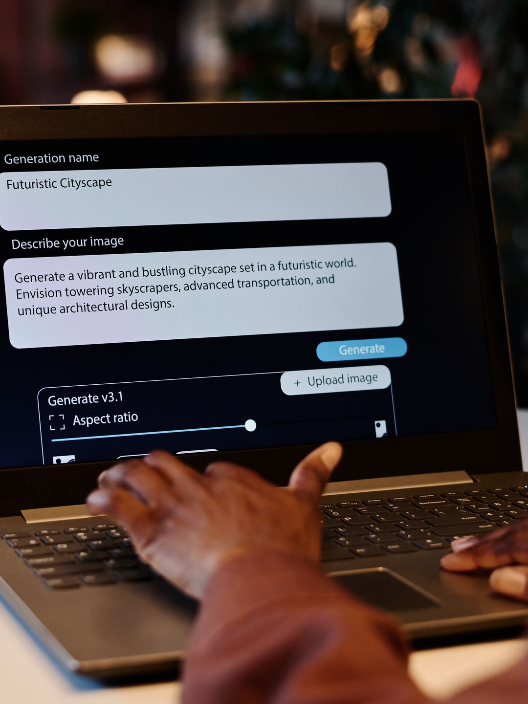 Hände am Laptop mit einer KI-Eingabe auf dem Bildschirm